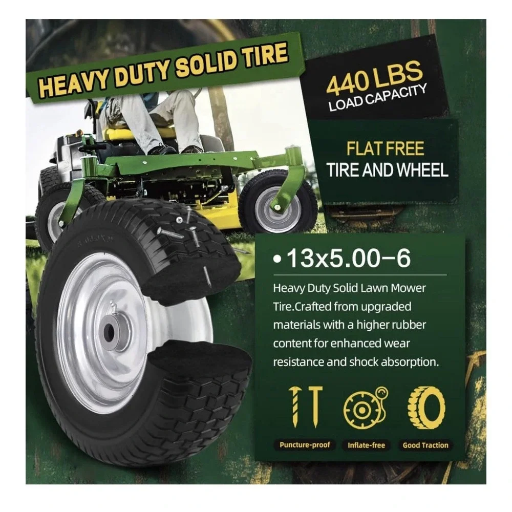 2 Pack 13X5.00-6 Flat Free Tire and Wheel Assembly, Solid Lawn Mower Front Tir